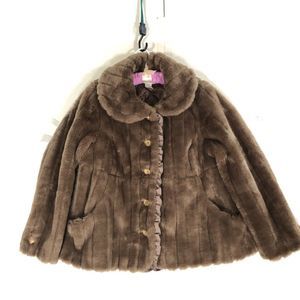 Jessica London 14 W brown taupe faux fur coat ribbon trim lined old Hollywood